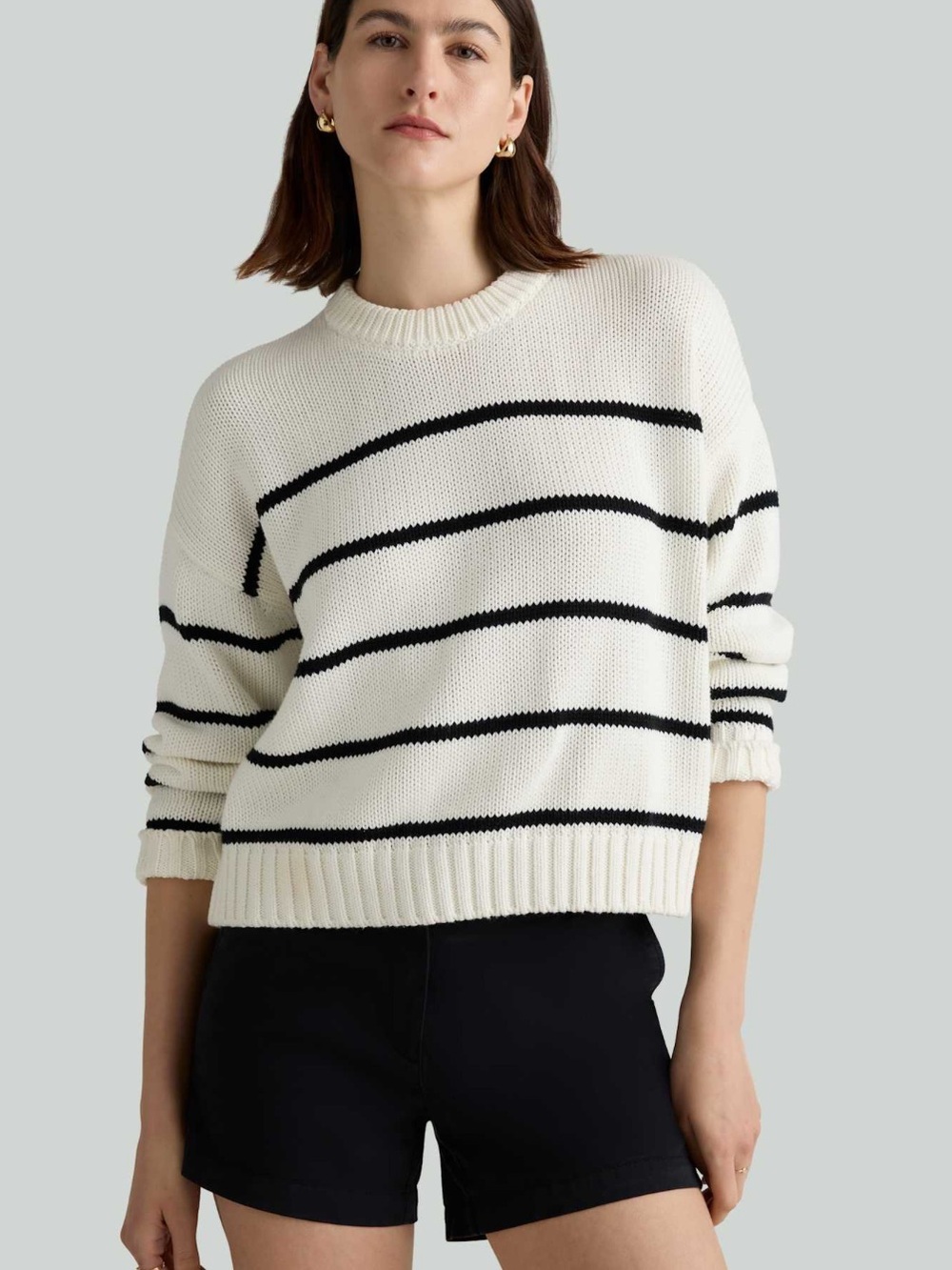 Quince 100% Organic Cotton Striped Crew Sweater white ivory black